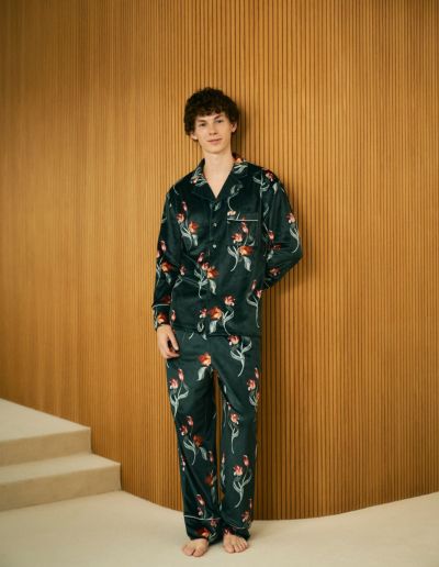 メンズラインチューリップベロアパジャマ長袖ロングパンツ【メンズ